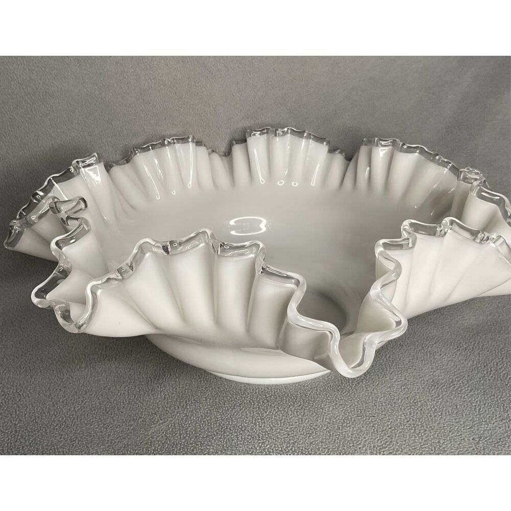 Vintage‎ Fenton" Silver Crest" Milk Glass Double Crimped Large Bowl 12” x 4”